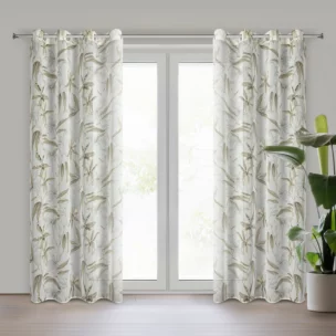 Zasłona naturalno, oliwkowa zdobiona nadrukiem kwiatów z etaminy 140x250 cm przelotka PATI Eurofirany