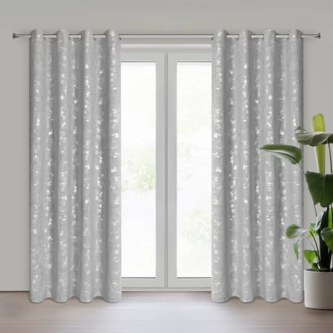 Zasłona srebrna z błyszczącym nadrukiem w stylu eko 140x250 cm przelotka SOLANA Eurofirany