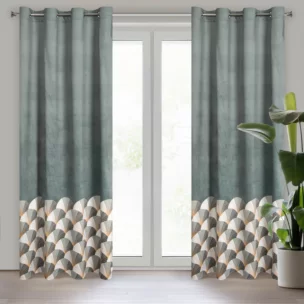 Zasłona stalowo, jasnoszara ze złotym wzorem z tkaniny welwetowej 140x250 przelotka GINA Design 91