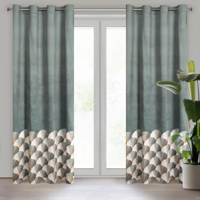 Zasłona stalowo, jasnoszara ze złotym wzorem z tkaniny welwetowej 140x250 przelotka GINA Design 91
