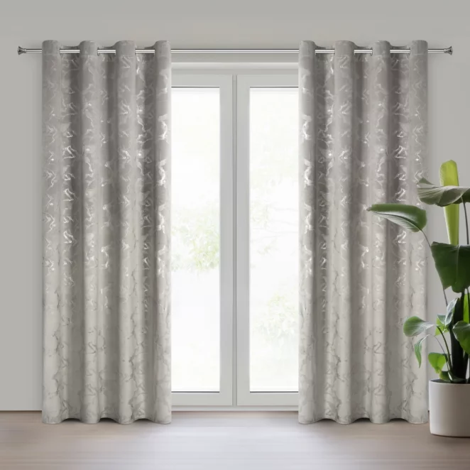 Zasłona stalowo, srebrna welwetowa zdobiona błyszczącym nadrukiem 140x250 cm przelotka - RAJA Eurofirany