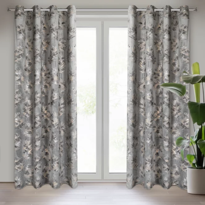 Zasłona stalowo, szampańska w złote liście palmy z welwetu 140x250 cm przelotka GLORIA 2 Eurofirany