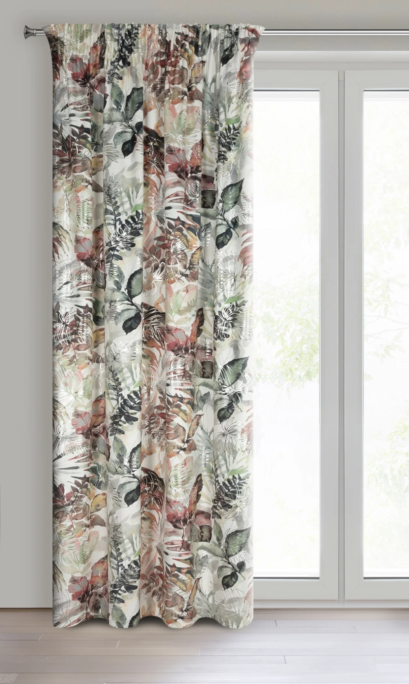 Zasłona biało, ruda z botanicznym nadrukiem z welwetu 140x270 cm taśma ARINA Eurofirany