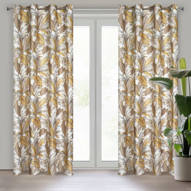 Zasłona beżowo, biała z wzorem egzotycznych liści 140x250 przelotka BARI z Design 91 Eurofirany