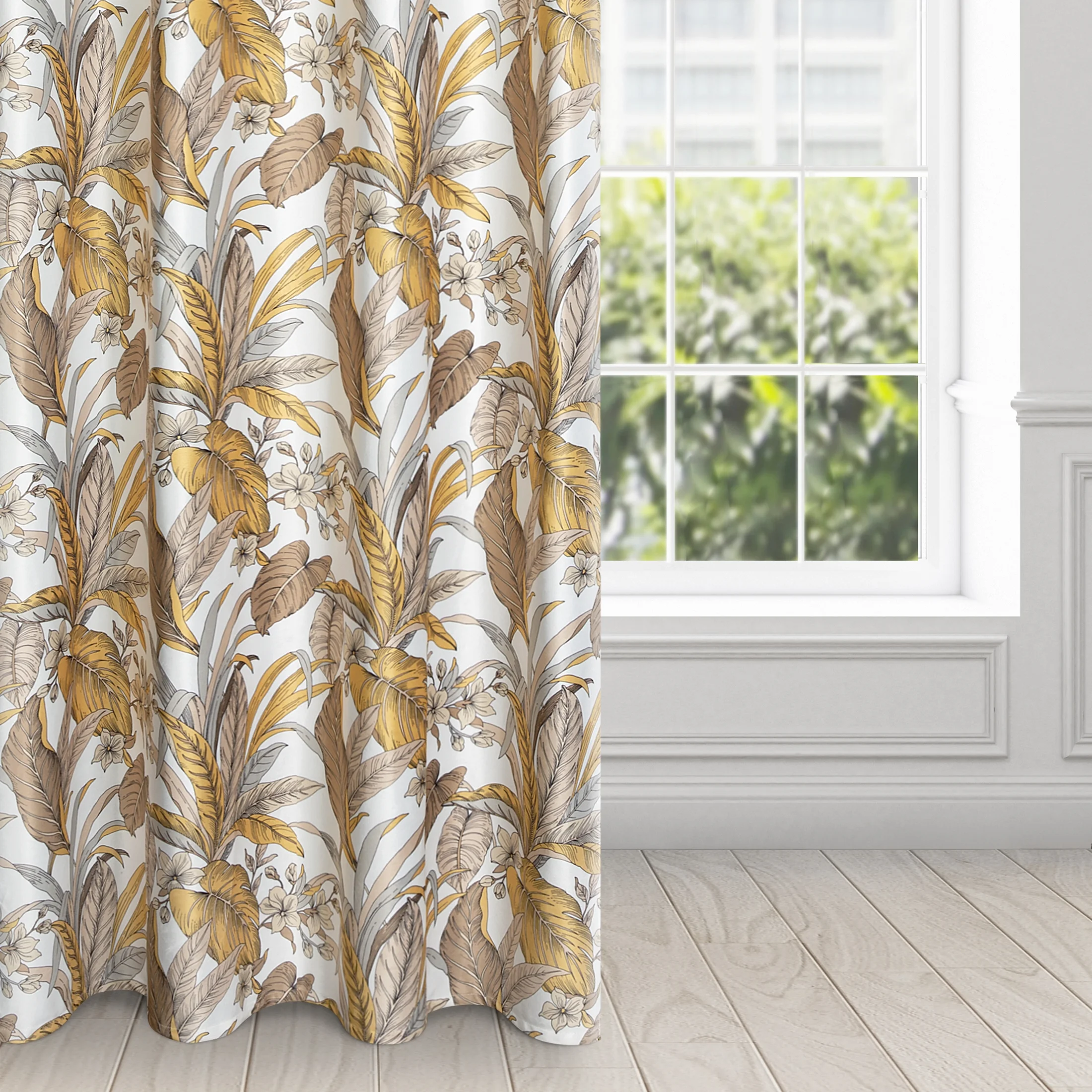 Zasłona beżowo, biała z wzorem egzotycznych liści 140x250 przelotka BARI z Design 91 Eurofirany