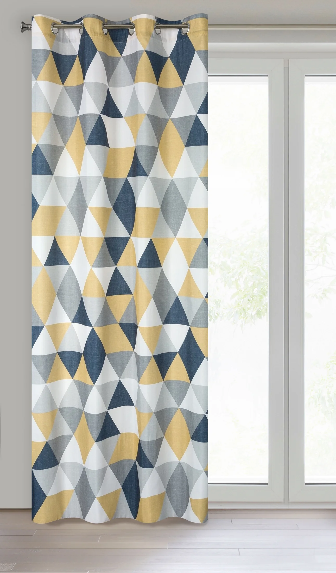 Zasłona z mikrofibry Adina musztardowa z geometrycznym wzorem na przelotkach140x250 cm Eurofirany