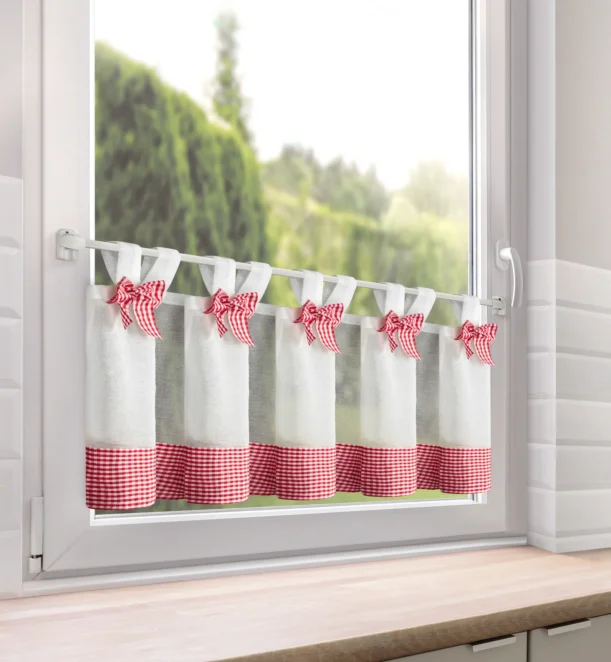 Zazdrostka biało-czerwony z etaminy zdobiona uroczymi kokardami 40x150 cm szelki – POLINA Eurofirany