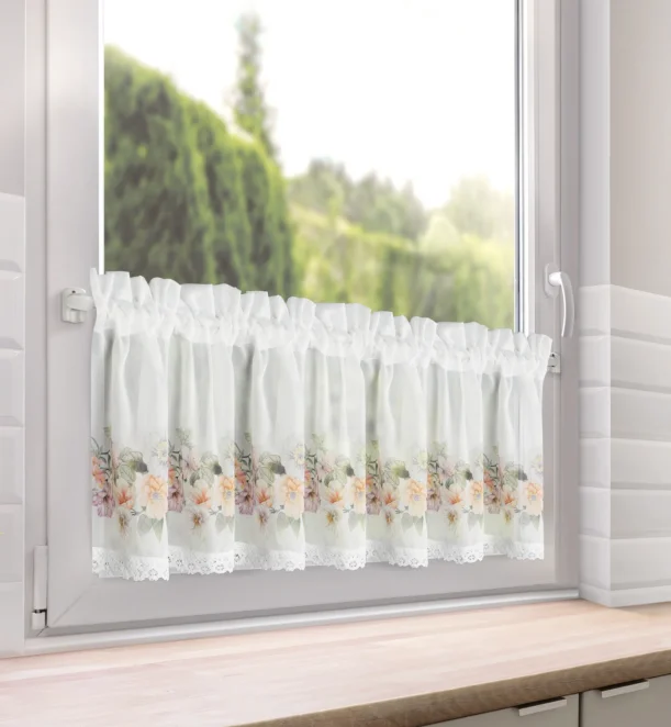 Zazdrostka biało, fioletowa z etaminy zdobiona nadrukiem letnich kwiatów 30x150 cm FLOWERY Eurofirany