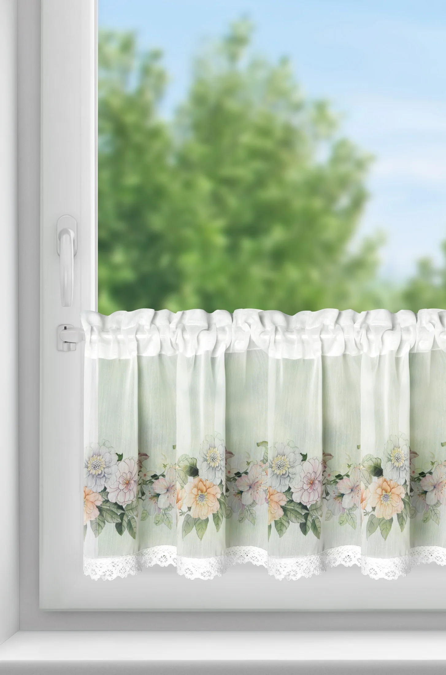 Zazdrostka biało, fioletowa z etaminy zdobiona nadrukiem letnich kwiatów 30x150 cm FLOWERY Eurofirany