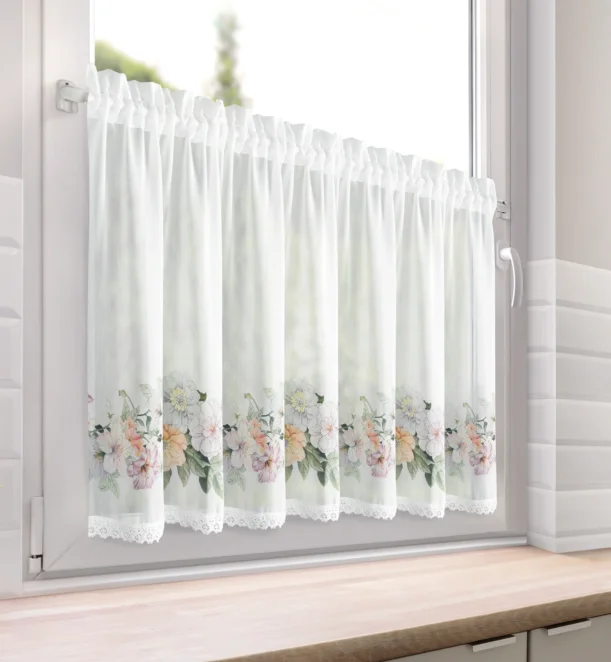 Zazdrostka biało, fioletowa z etaminy zdobiona nadrukiem letnich kwiatów 60x150 cm FLOWERY Eurofirany