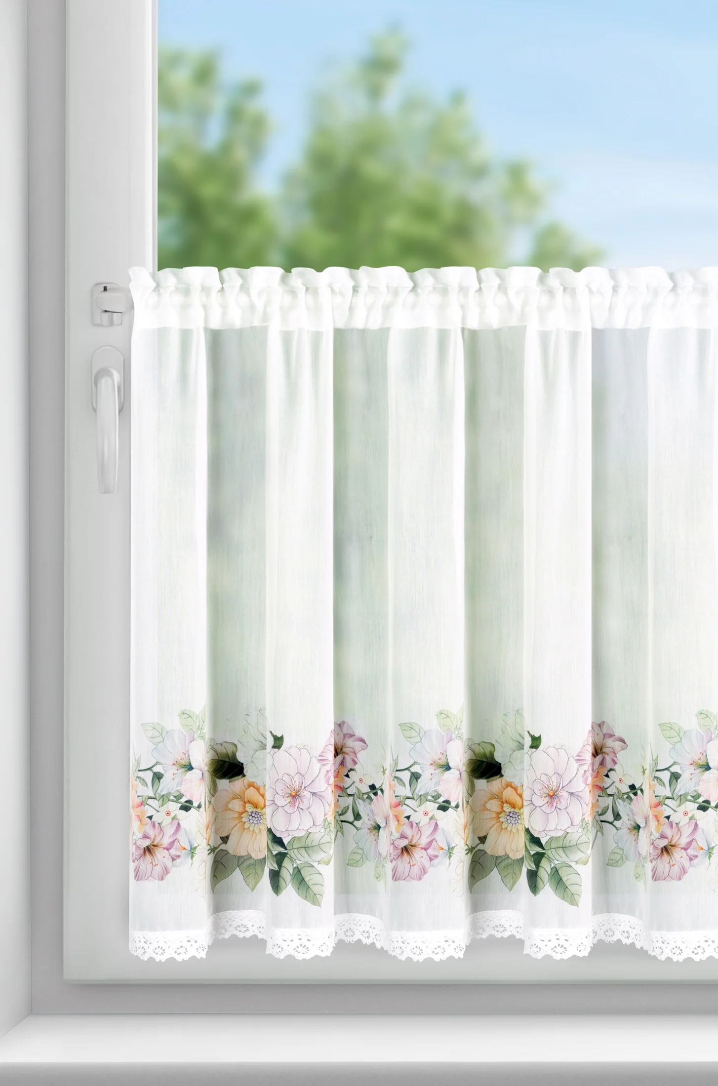 Zazdrostka biało, fioletowa z etaminy zdobiona nadrukiem letnich kwiatów 60x150 cm FLOWERY Eurofirany