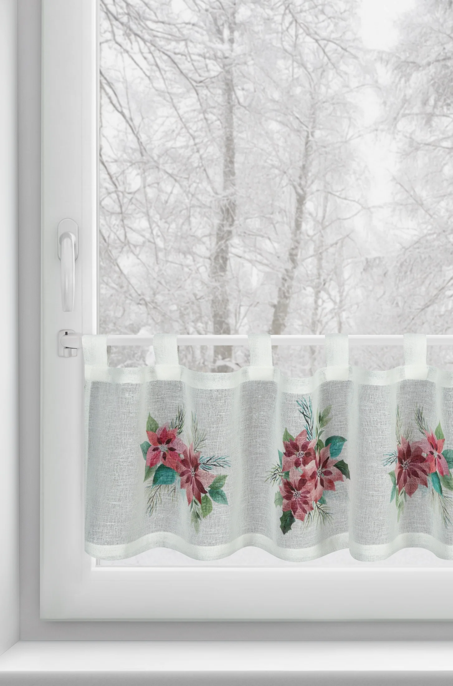 Zazdrostka świąteczna biało, czerwona zdobiona motywem gwiazd betlejemskich 150x30 cm szelki - XMAS 3 Eurofirany