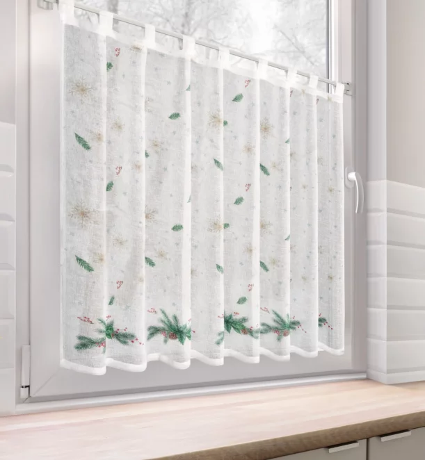 Zazdrostka świąteczna biało, zielona z etaminy z świątecznym motywem 150x90 cm szelki - XMAS 4 Eurofirany
