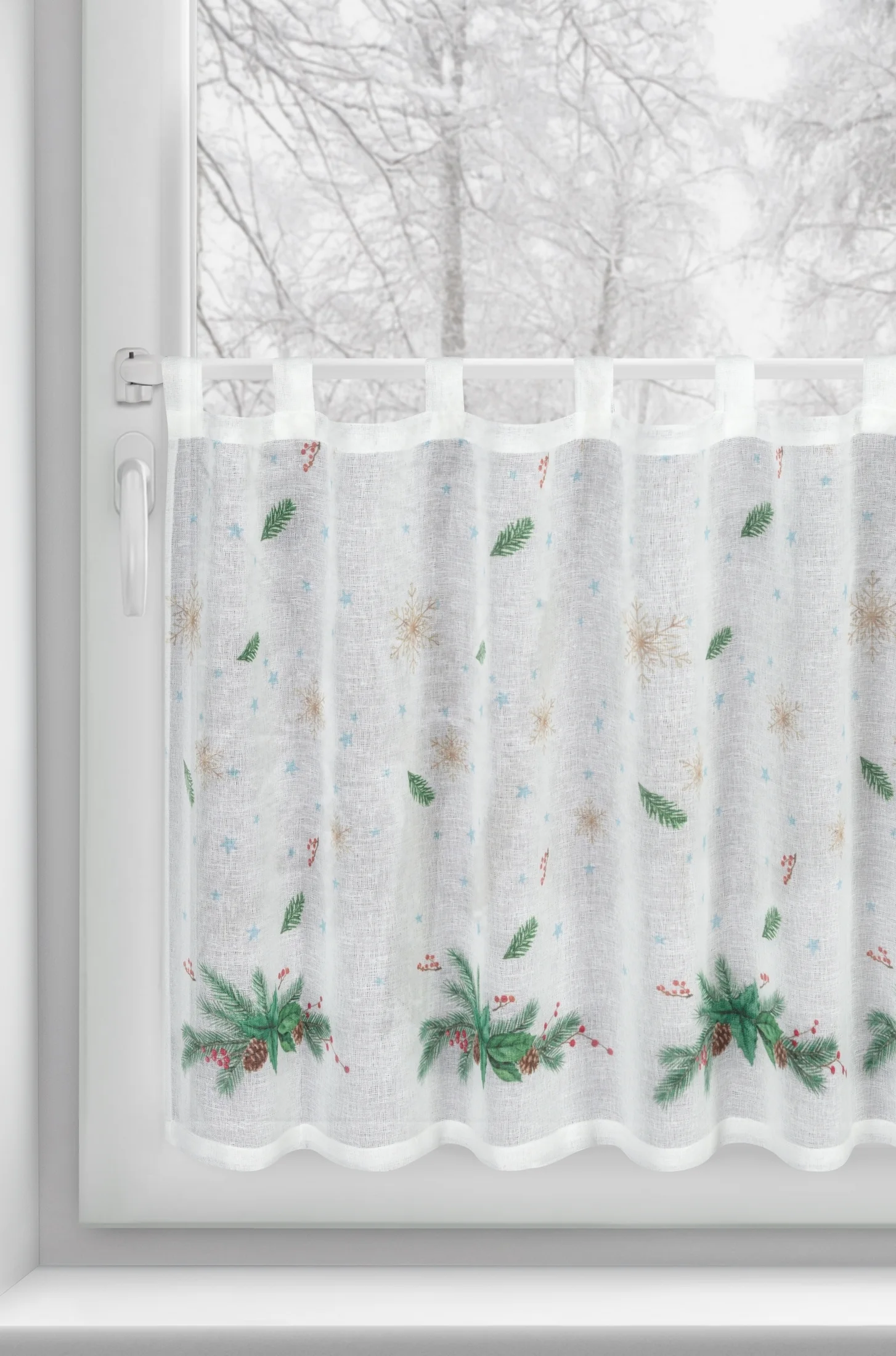 Zazdrostka świąteczna biało, zielona z etaminy zdobiona nadrukiem z motywem świątecznym 150x60 cm szelki - XMAS 4 Eurofirany