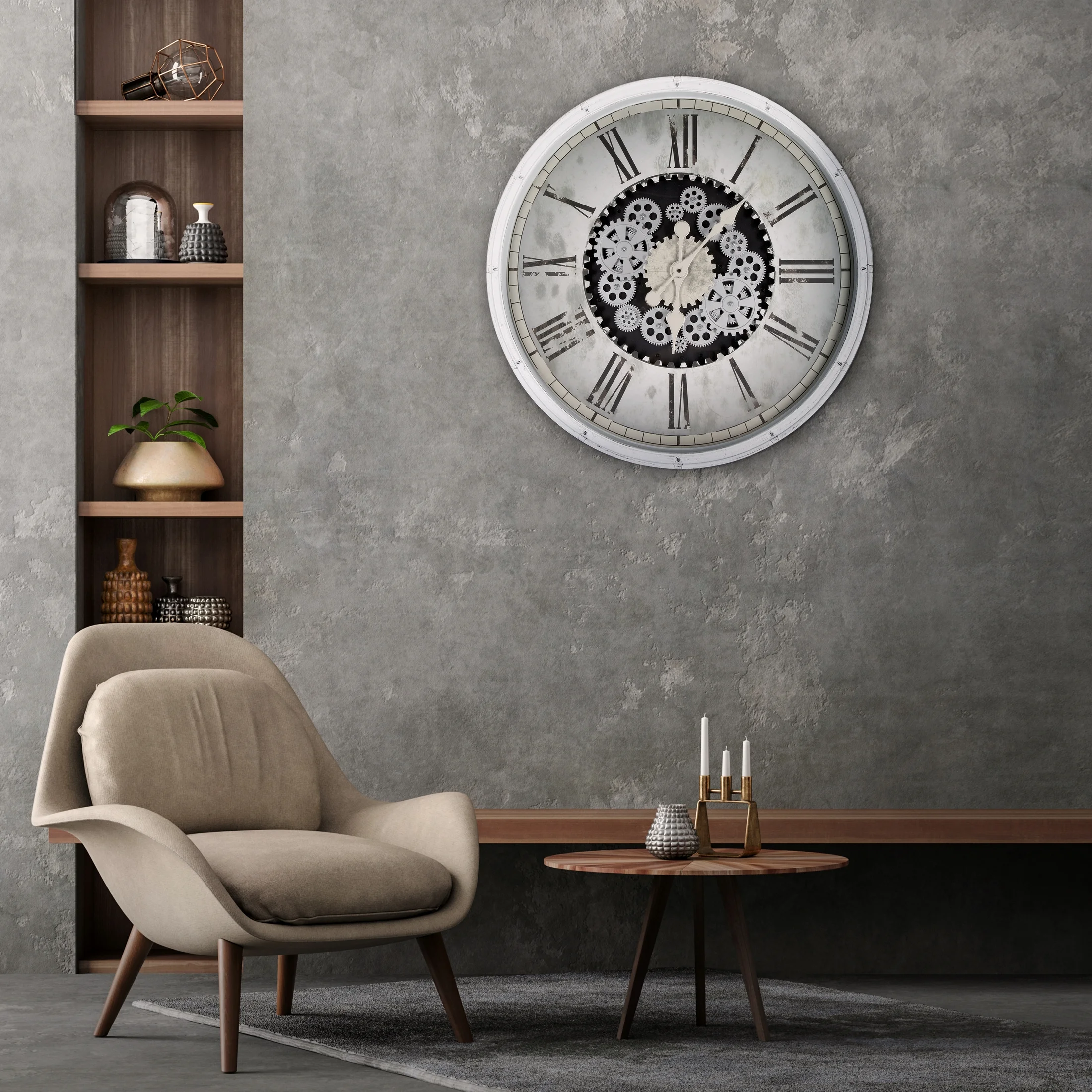 Zegar ścienny biało-czarny w stylu retro z ruchomymi kołami zębatymi średnica 72x8 cm Eurofirany