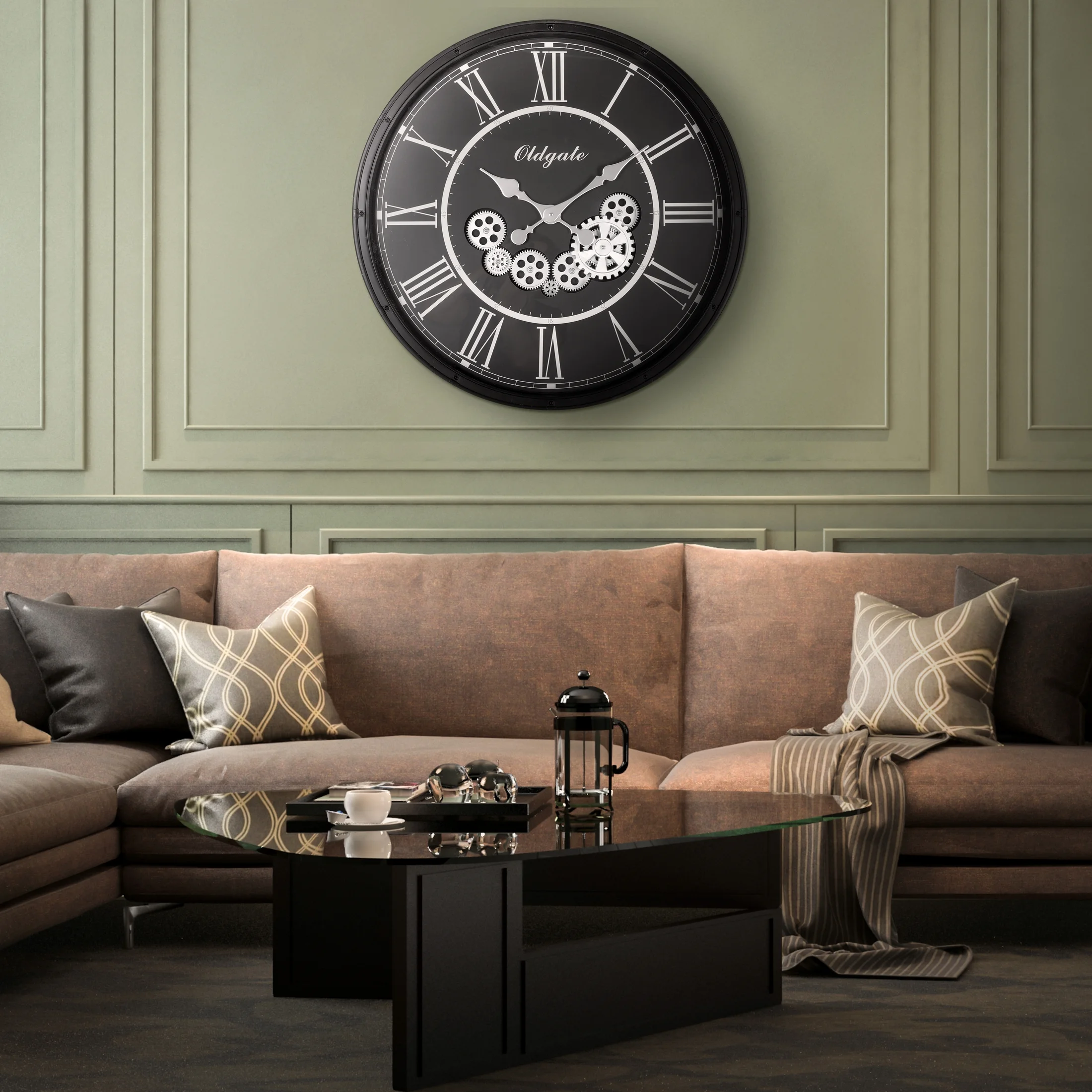 Zegar ścienny biało-czarny w stylu retro z ruchomymi kołami zębatymi średnica 72x8 cm Eurofirany