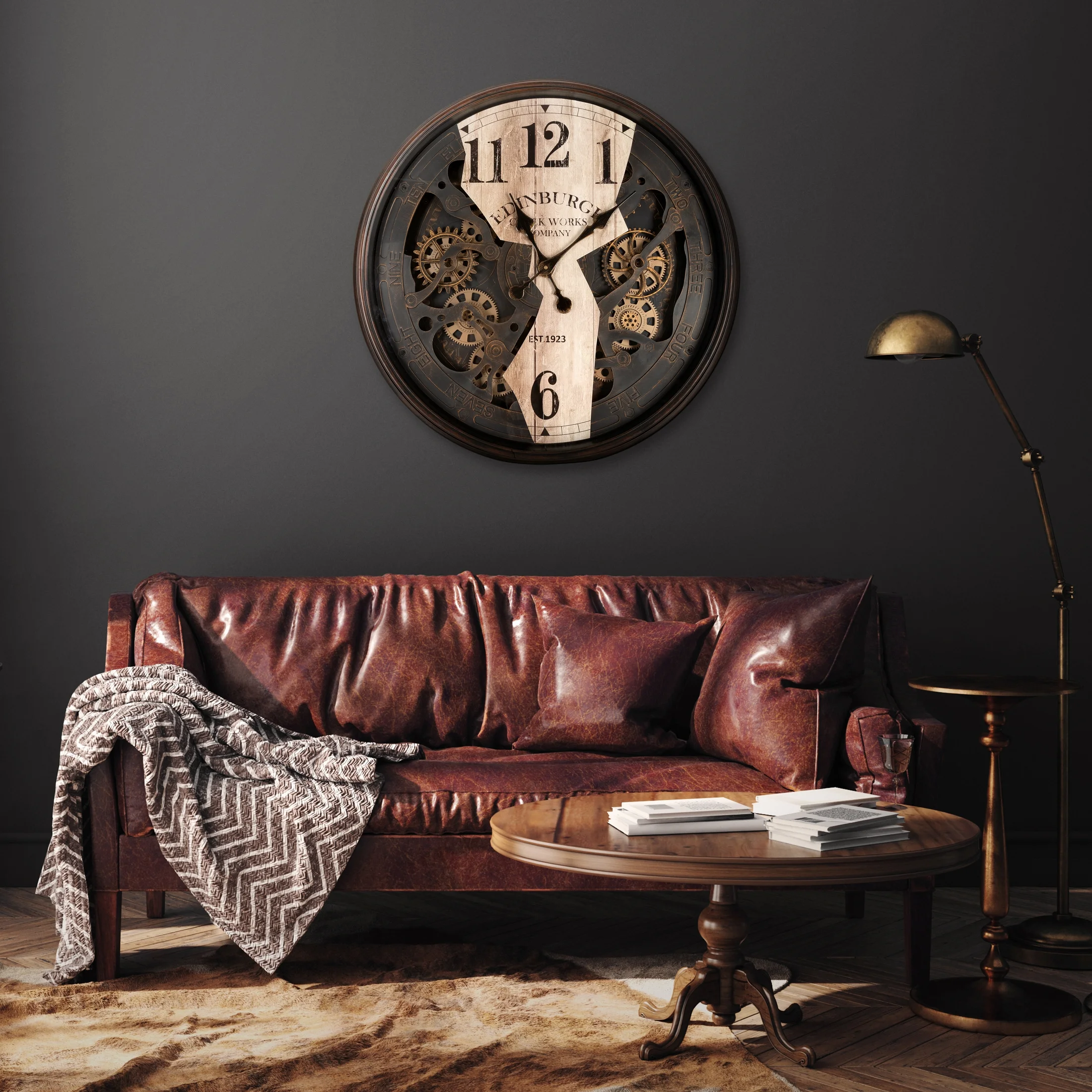 Zegar ścienny brązowy w stylu vintage z ruchomymi kołami zębatymi średnica 72x9 cm Eurofirany