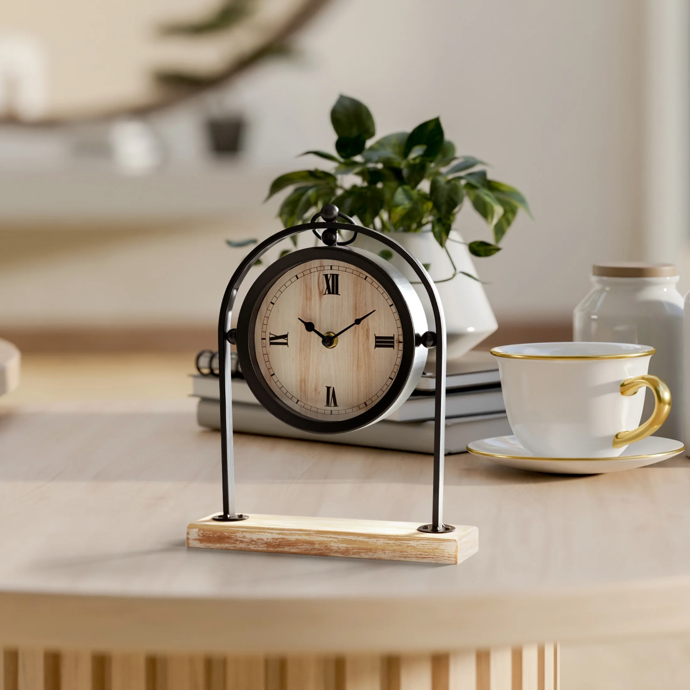 Zegar stojący stołowy czarno-brązowy w stylu retro 23x7x28 cm Eurofirany