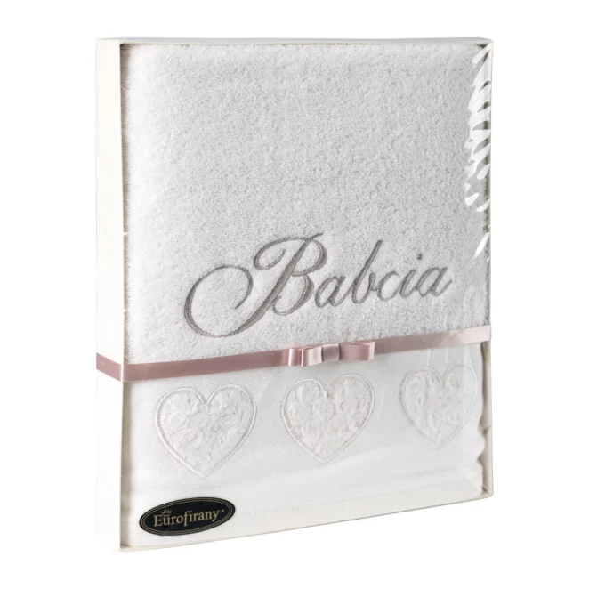 Zestaw upominkowy, ręcznik bawełniany 50x90 cm kolor kremowy z haftem BABCIA Eurofirany